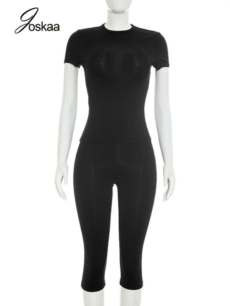Women's Short Sleeve High Waist Two Piece Set Black – Back View