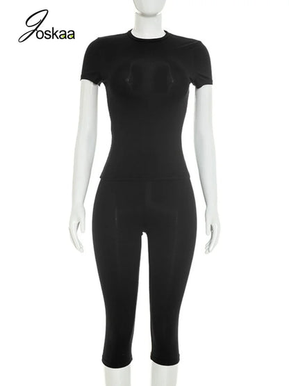 Women's Short Sleeve High Waist Two Piece Set Black – Back View