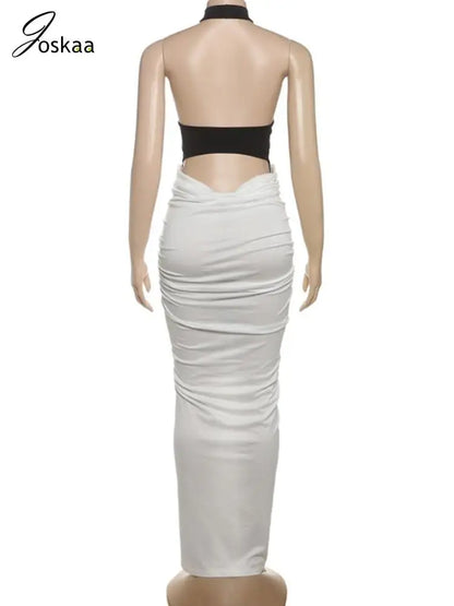 Women's Ruched Backless Halter Maxi Dress Black – Detail View