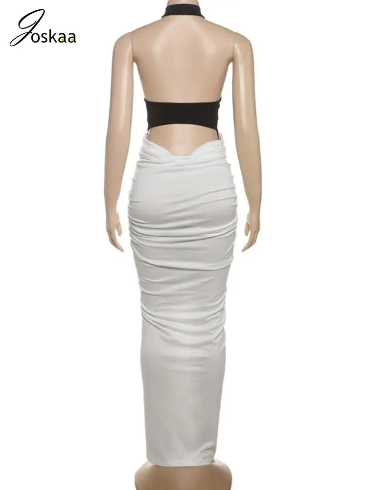 Women's Ruched Backless Halter Maxi Dress Black – Detail View
