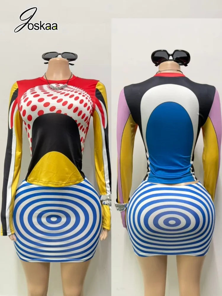 Women's Polka Dot Striped Swirl Print Long Sleeve Two Piece Set - Women's Fashion Wholesale - Front View