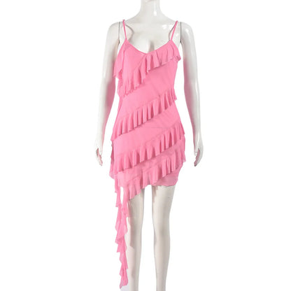 Women's Mesh Backless Ruffles Ribbon Vacation Dress