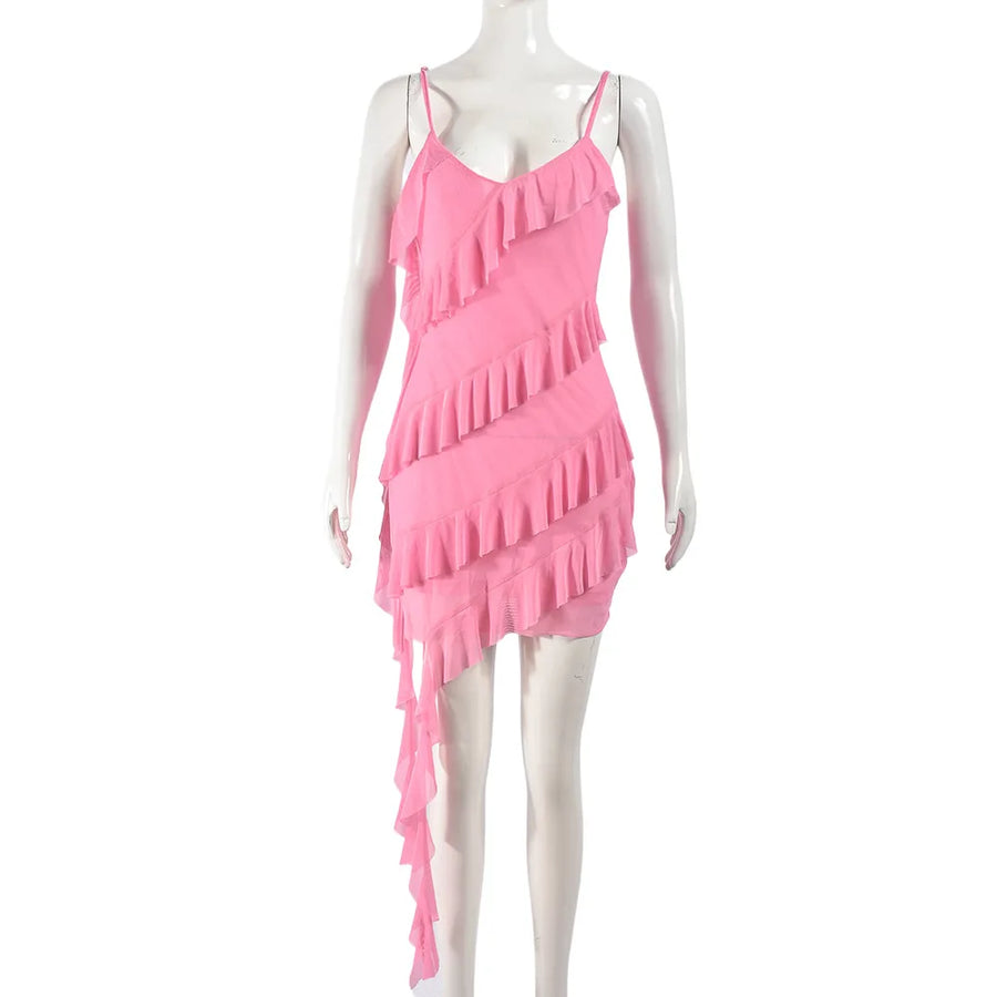 Women's Mesh Backless Ruffles Ribbon Vacation Dress