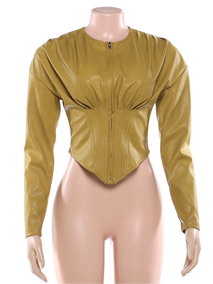 Joskaa Faux Leather Ruched Zip Up Long Sleeve Jacket - jacket image 5