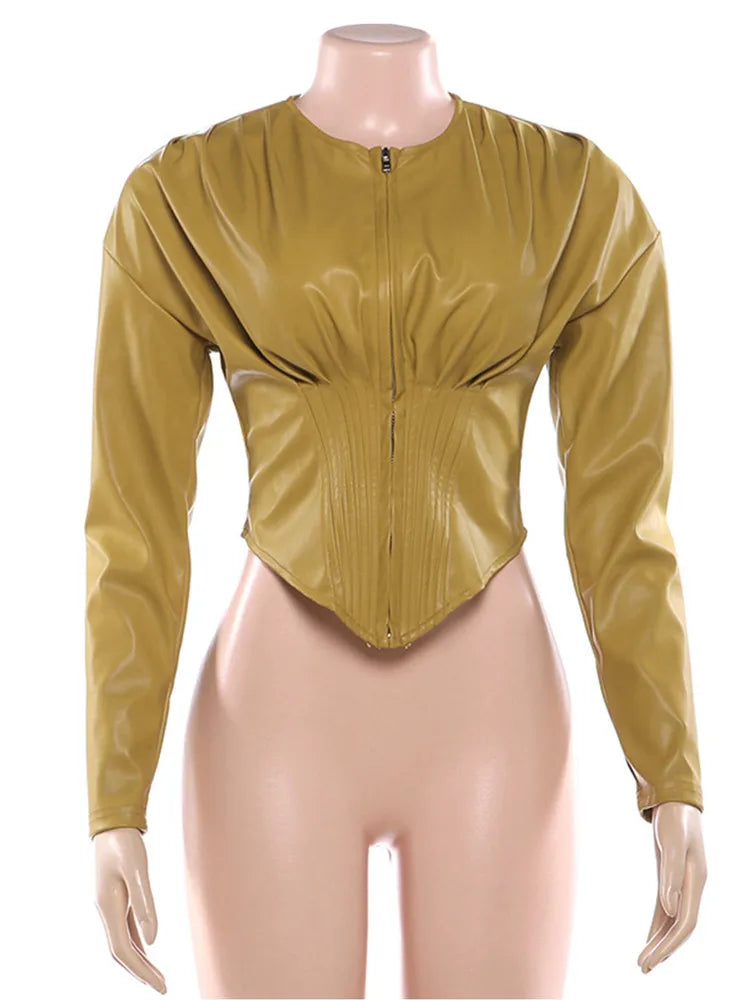 Joskaa Faux Leather Ruched Zip Up Long Sleeve Jacket - jacket image 5