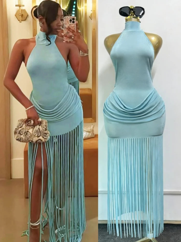 Women's Velvet Ruched Backless Halter Dress