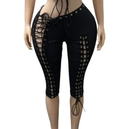 Women's Lace Cutout Bodycon Pants Gothic Capri Leggings - Detail View