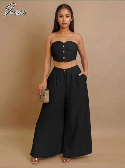 Women's Strapless Flare Wide Leg Two Piece Set Green – Back View