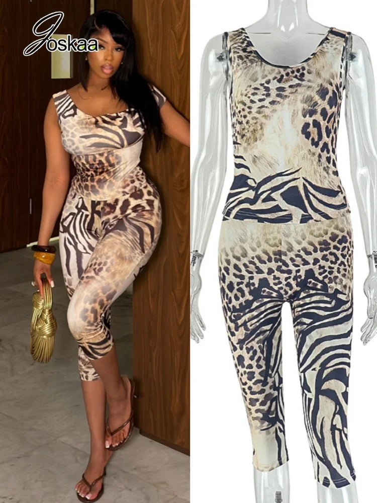 Women's Leopard Print Sleeveless Crop Two Piece Set – Women's Fashion Wholesale – Front View