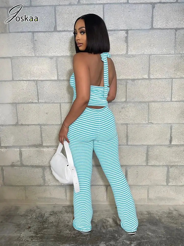 Women's Stripe Cutout Halter Two Piece Set Light Blue – Front View