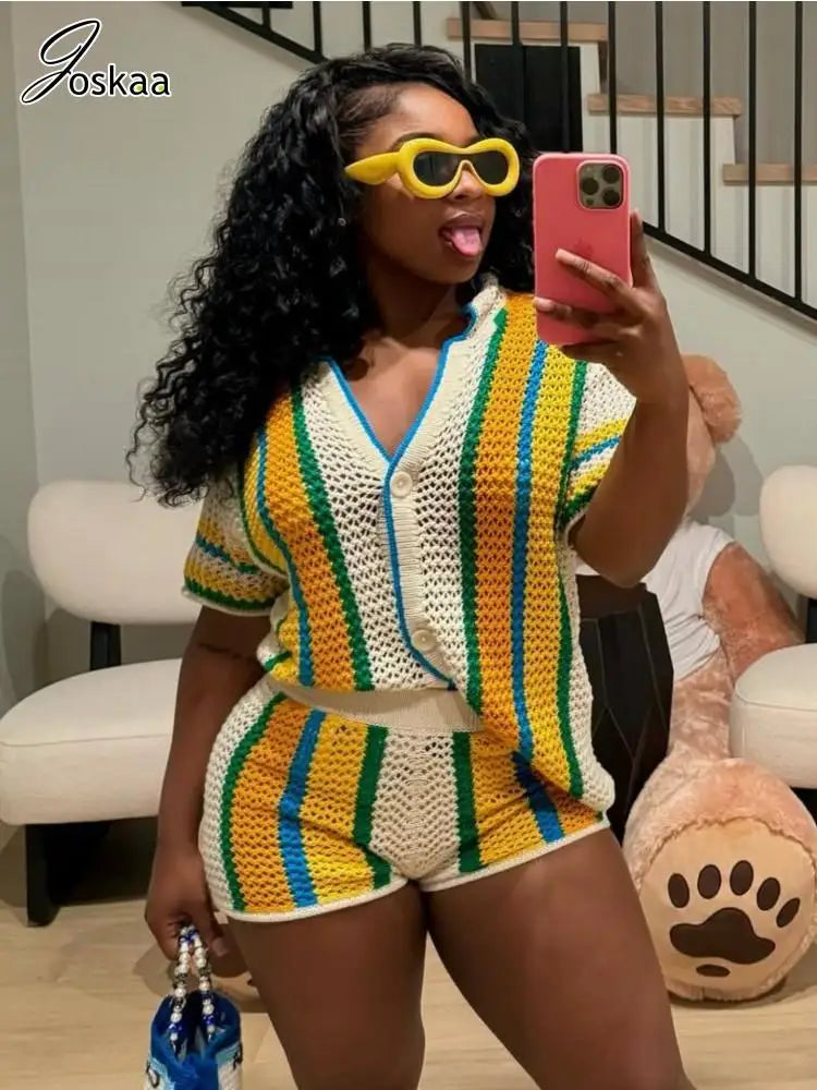 Women's Stripe Knit Short Sleeve Two Piece Set – Women's Fashion Wholesale – Front View