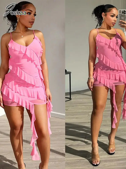 Women's Mesh Backless Ruffles Ribbon Vacation Dress Pink – Side View