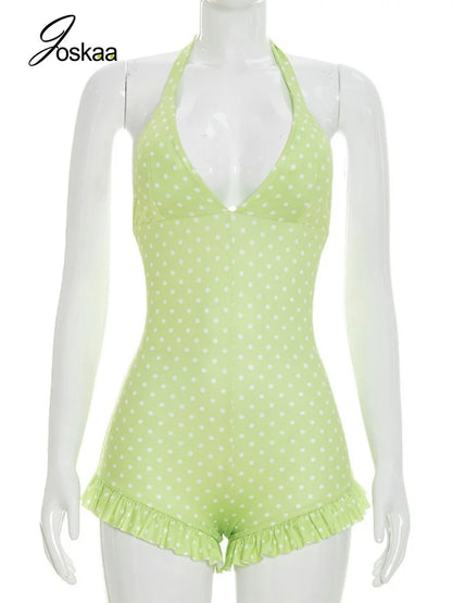 Women's Polka Dot Backless V-neck Halter Romper - Back View