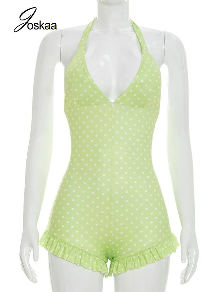Women's Polka Dot Backless V-neck Halter Romper - Back View