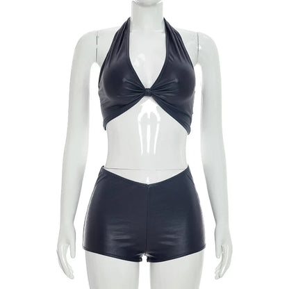 Women's Ruched Halter Crop Two Piece Set