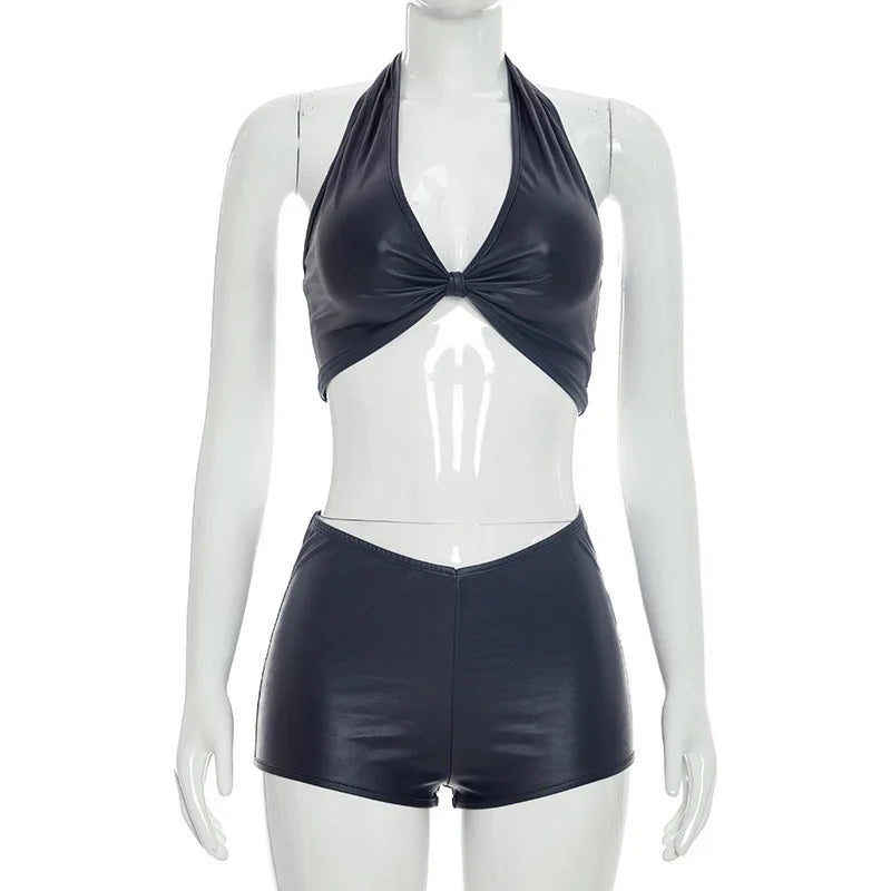 Women's Ruched Halter Crop Two Piece Set