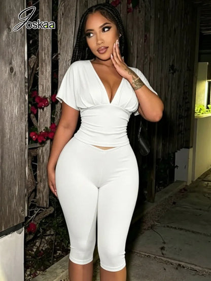 Women's Ruched Crop Solid V-neck Two Piece Set White – Front View