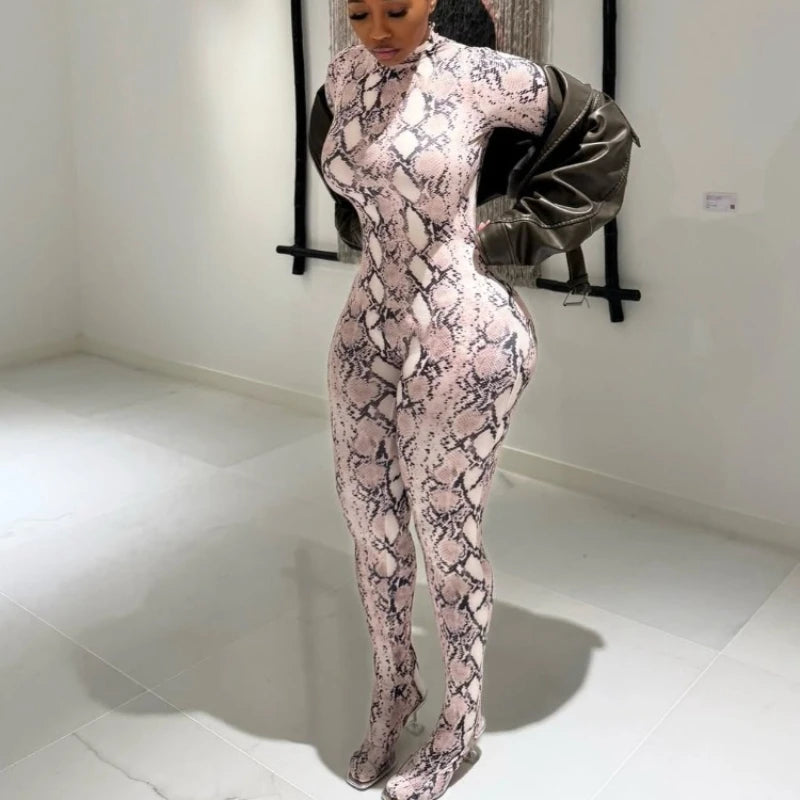Women's Snake Print Long Sleeve Bodycon Romper