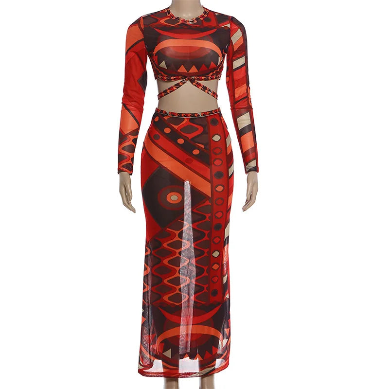 Women's Round Neck Mesh Long Sleeve Two Piece Set - Detail View 8