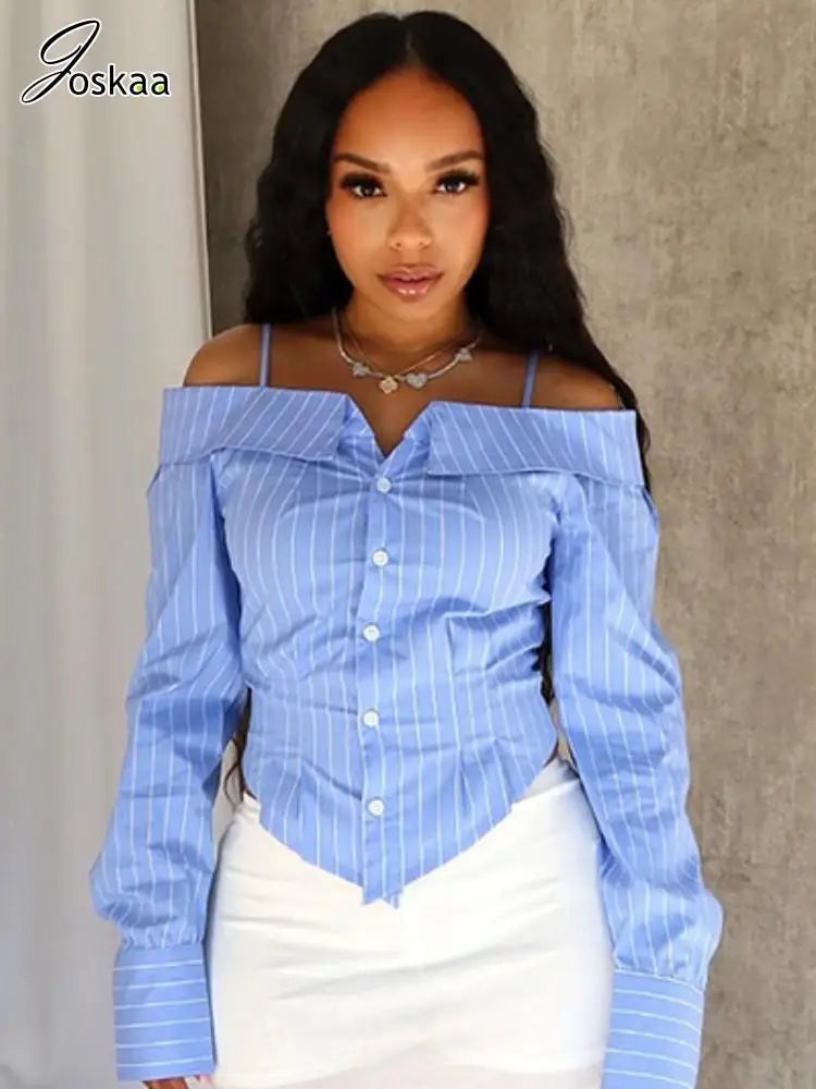 Women's Stripe Long Sleeve Striped Blue Top Blue – Front View