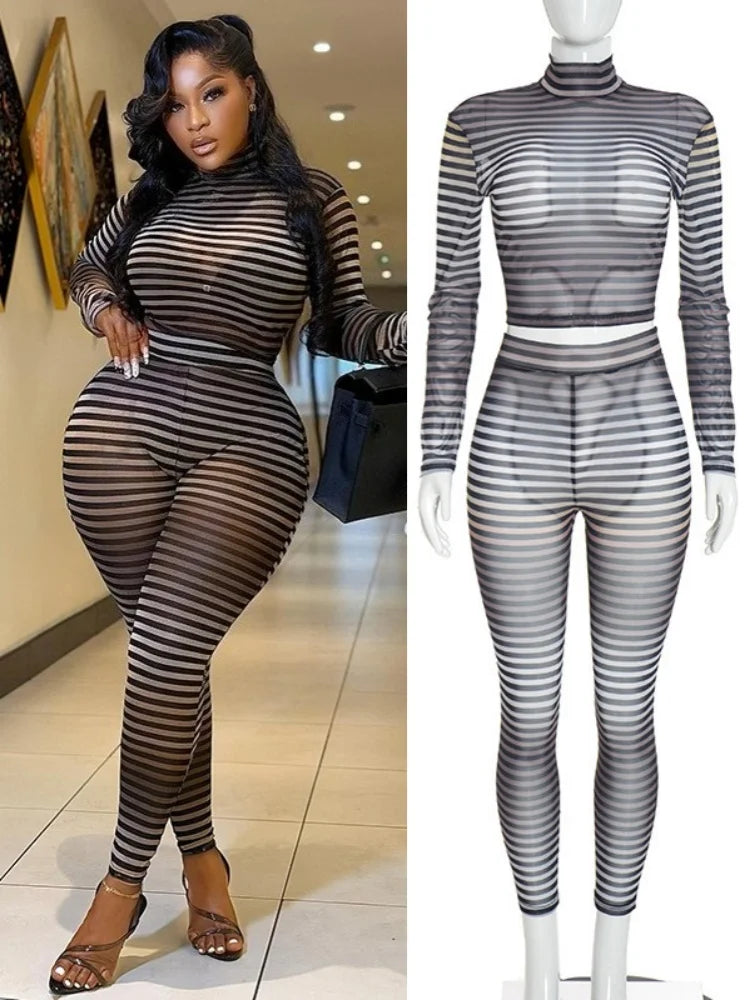 Women's Striped Mesh Long Sleeve High Waist Two Piece Set - Additional View 8