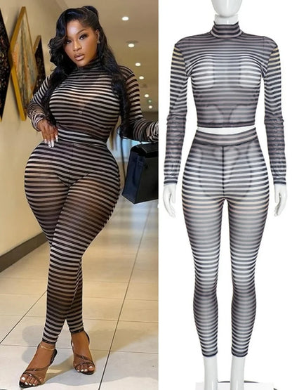 Women's Striped Mesh Long Sleeve High Waist Two Piece Set - Additional View 8