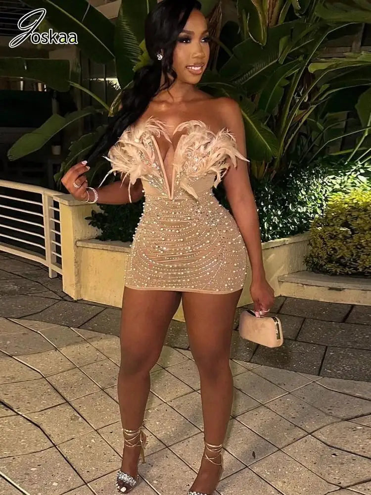 Wholesale Women's Rhinestone Strapless Mini Dress Apricot – Front View
