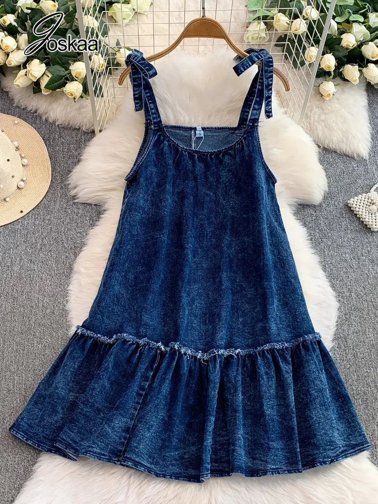 Women's Denim Print Sleeveless Mini Dress - Back View