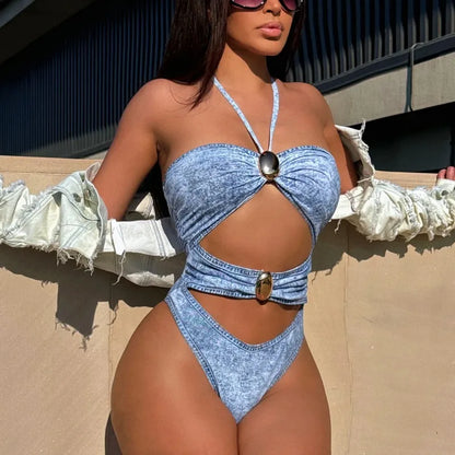 Women's Denim Backless Cutout Bikini Set