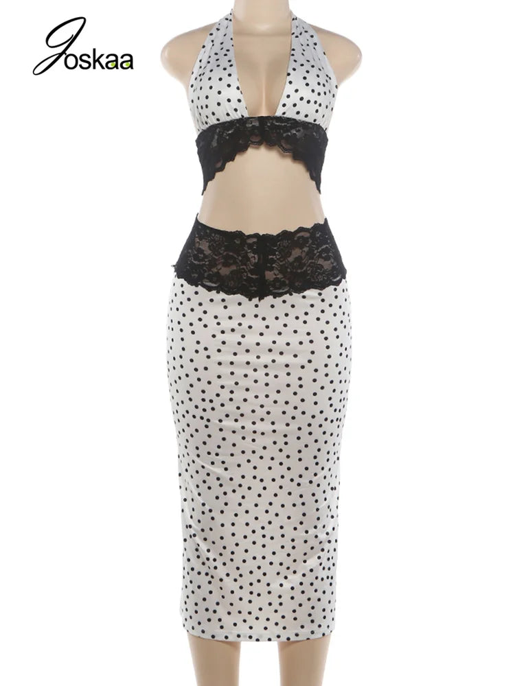 Women's Polka Dot Lace V-neck Halter Two Piece Set - Back View