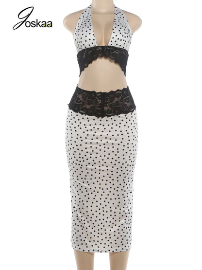 Women's Polka Dot Lace V-neck Halter Two Piece Set - Back View
