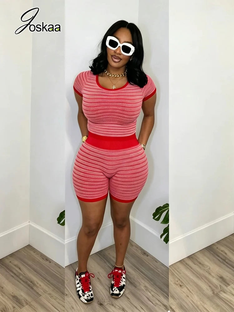Women's Stripe Knit Short Sleeve Two Piece Set Red – Side View
