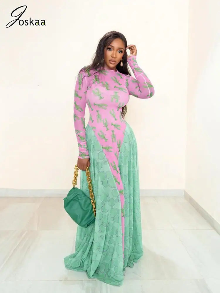 Women's Mesh Long Sleeve Fall Crayfish Maxi Dress Pink – Side View