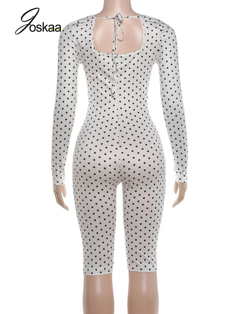 Women's Polka Dot Long Sleeve Sleeveless Bodycon Romper - Detail View