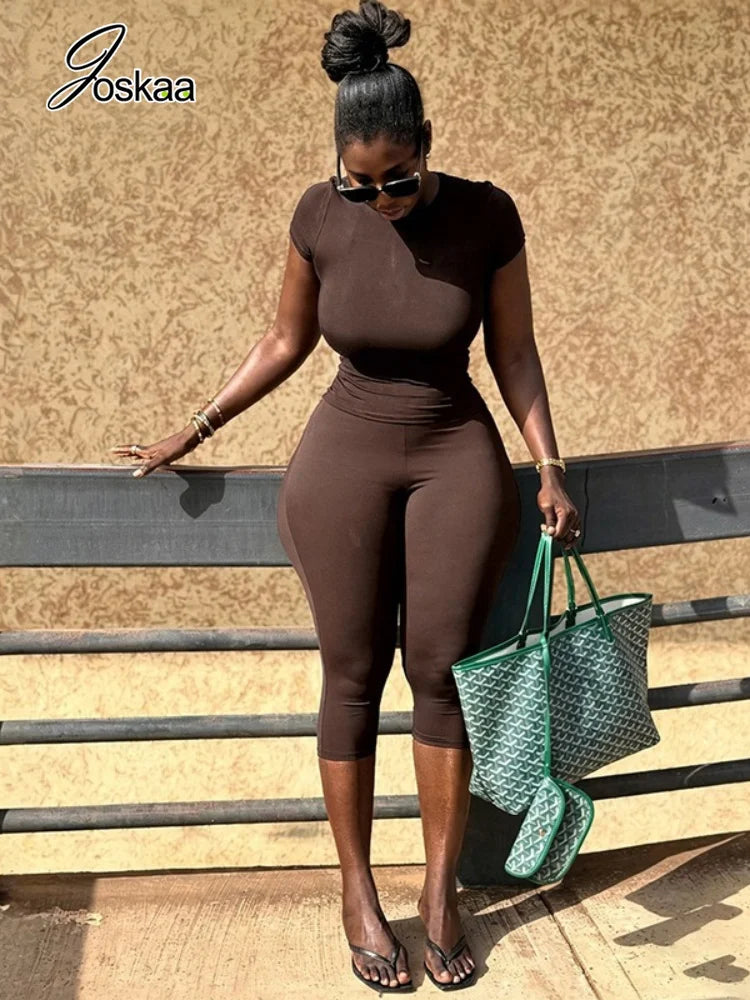 Women's Short Sleeve High Waist Two Piece Set Brown – Front View