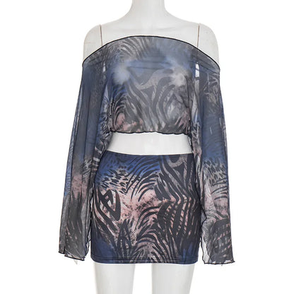 Women's Stripe Mesh Long Sleeve Two Piece Set