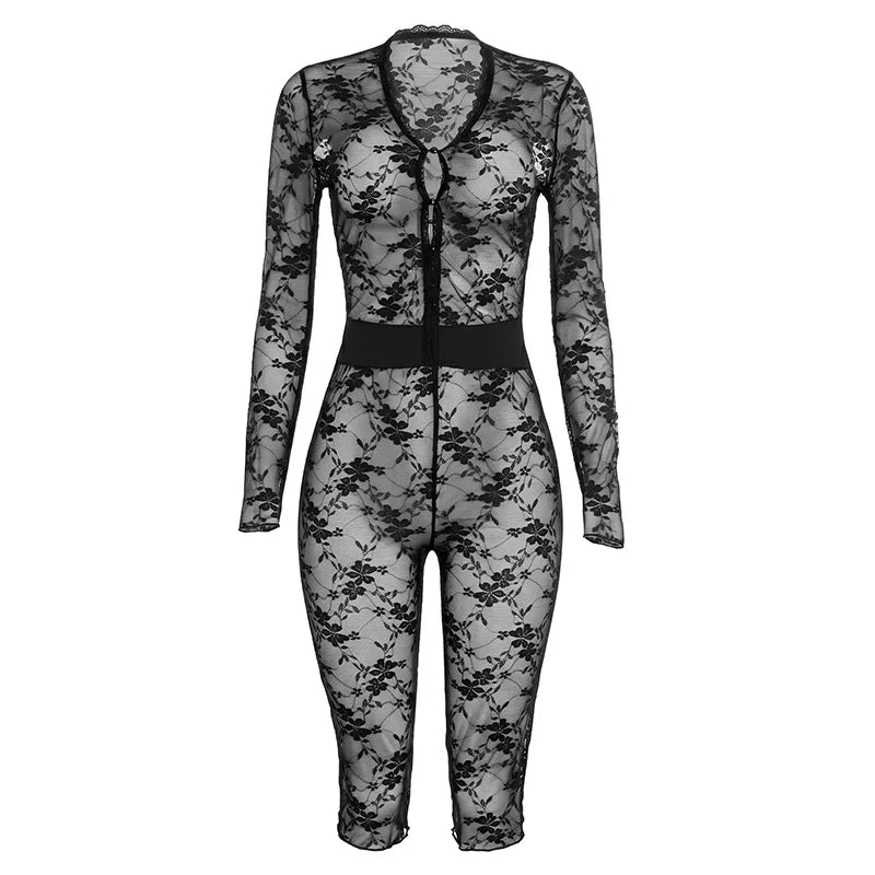Women's Mesh Lace V-neck Long Sleeve Two Piece Set - Additional View 7