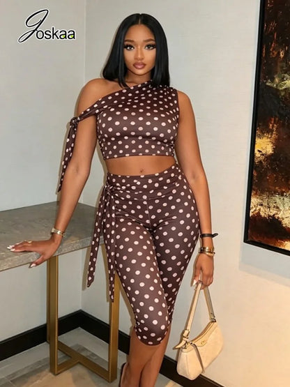 Women's Polka Dot One Shoulder High Waist Two Piece Set - Front View