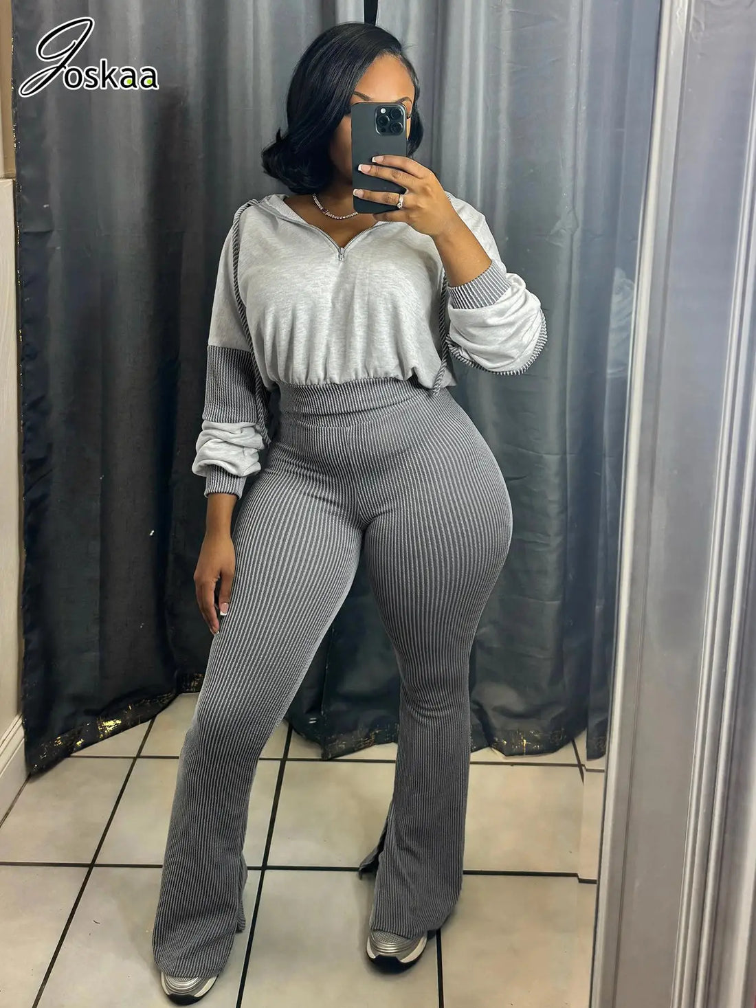Women's Long Sleeve Flare Hooded Two Piece Set – Women's Fashion Wholesale – Front View
