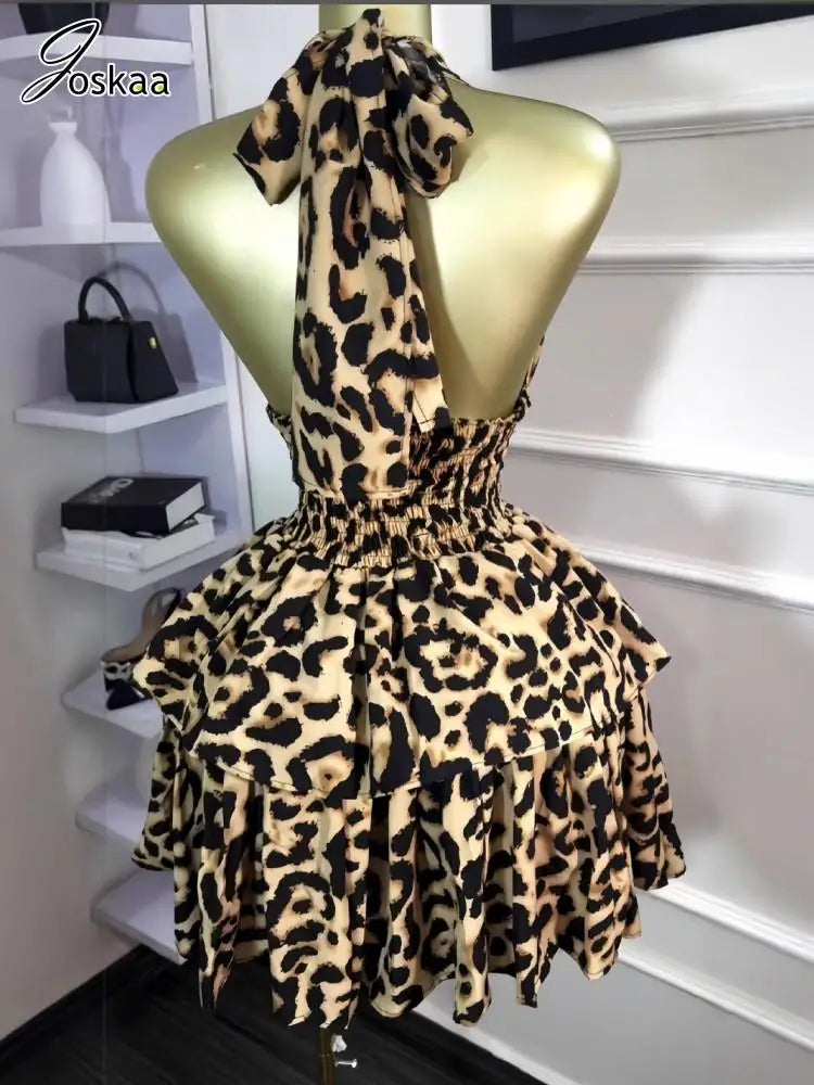 Women's Leopard Print Backless Halter Mini Dress Leopard Print – Front View