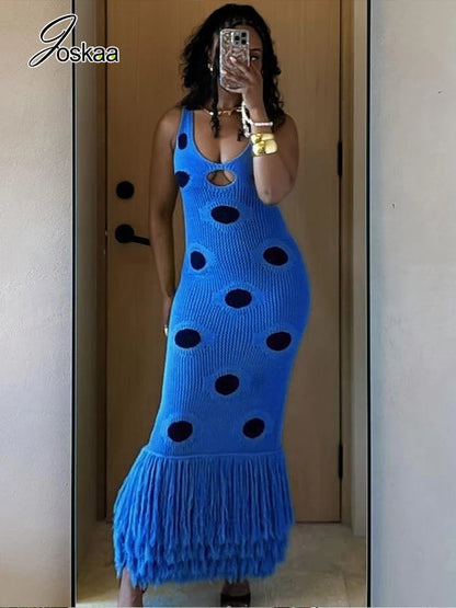 Women's Polka Dot Knit Cutout Maxi Dress Green – Front View