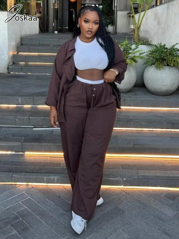 Women's Stripe Long Sleeve Flare Two Piece Set Coffee – Side View