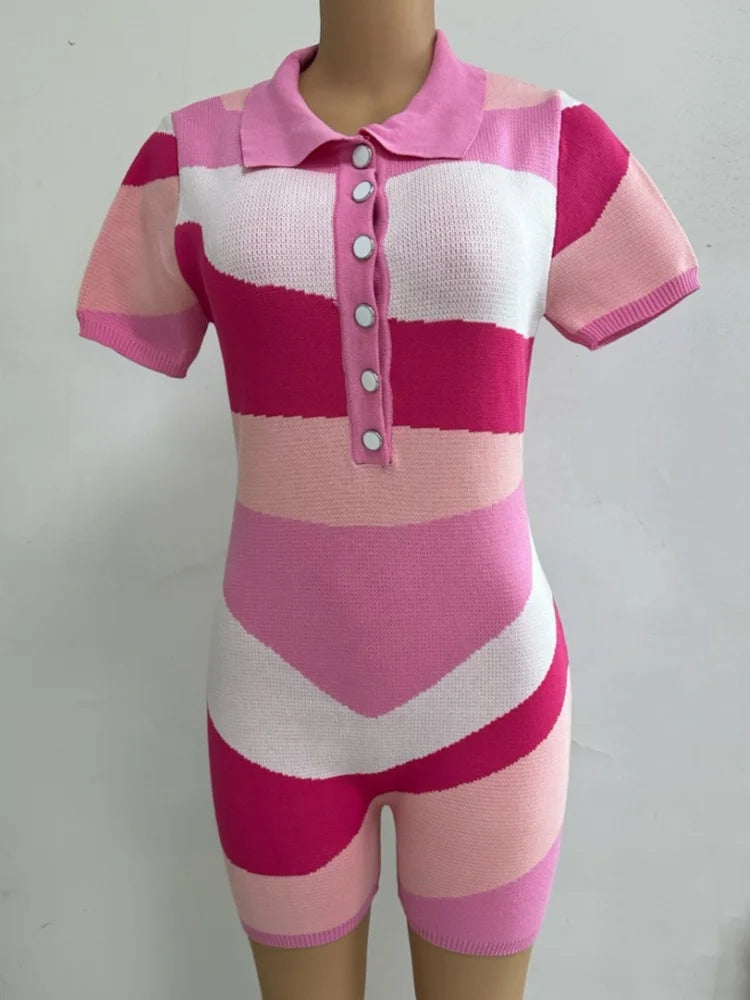 Women's Knit Short Sleeve Bodycon Romper Pink – Back View