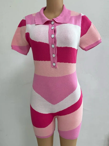 Women's Knit Short Sleeve Bodycon Romper Pink – Back View