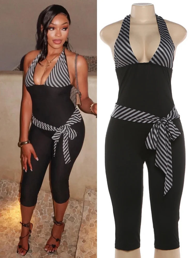 Women's Stripe Backless Halter Sleeveless Romper – Women's Fashion Wholesale – Front View