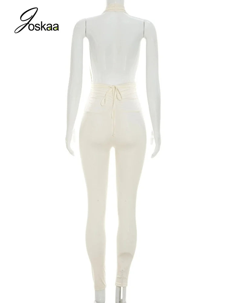 Women's Ruched Backless V-neck Halter Romper - Detail View