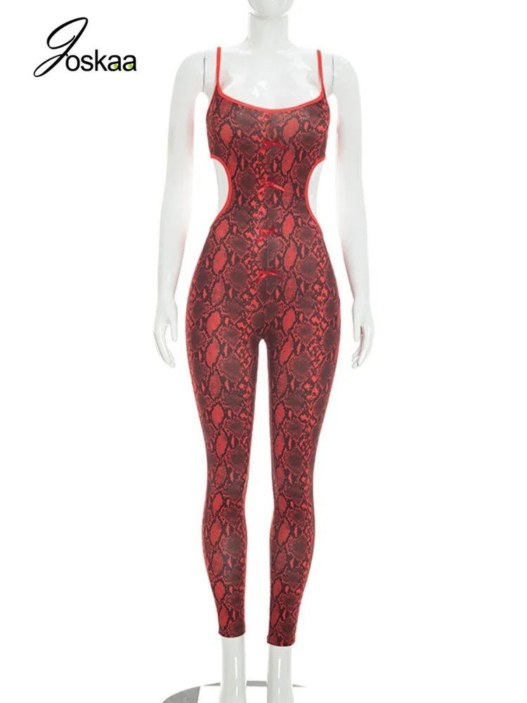 Women's Snake Print Backless Cutout Romper Red – Back View