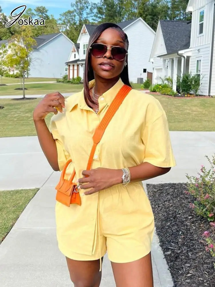 Women's Short Sleeve Yellow Lapel Button Two Piece Set – Women's Fashion Wholesale – Front View