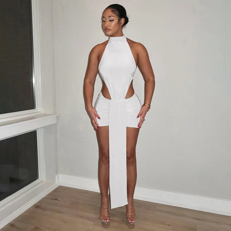 Women's Ruched Backless Halter Mini Dress