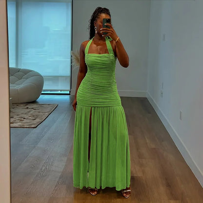 Women's Mesh Ruched Backless Halter Dress